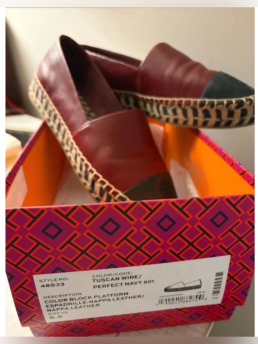 Tory Burch Tuscan Wine & Navy Color-Block Espadrille Platform Loafers 8.5